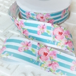 【2m】38mm花柄×ストライプ柄グログランリボン amrbn