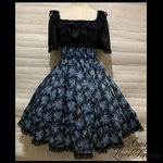 1点物*エレガンスブルーローズ シャーリングワンピース★黒×ネイビー青薔薇(即納品)