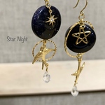 ー『よだかの星』ー ブルーサンドストーン・クリスタルカットガラス ピアスorイヤリング大ぶり ゆらゆら揺れるネジバネ雫鳥宇宙星空童話母の日パーツ変更