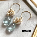 14kgfチャーム＊宝石質アクアマリン×小粒パール＊ピアス・イヤリング可