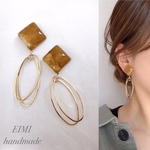 【EIMI】クリアブラウンスクエア×2連フープ ＊ ピアス/イヤリング