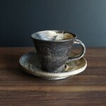 【クリスマスプレゼントにもどうぞ】粉引灰釉コーヒー碗皿[0646]