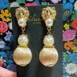 限定1★ライオン パール × ボンボン ボール ピアス ゴールド
