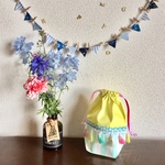 タッセルフリンジが可愛い　コップ袋ミント＊イエロー（＋ランチョンマット）/lunch bag/入園入学/保育園/幼稚園/小学校/通園/通学/女の子