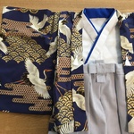 B【完成品】80ｃｍ　男の子　青鶴羽織＆袴風ロングスカート 初節句、お正月、お誕生日、出産祝い、結婚式に　