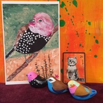 [小3羽組み合わせ自由]9歳の絵から生まれたチビ鳥ちゃん3羽＋鳥ポストカード＋ねこマグネット