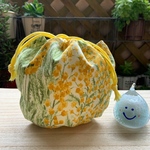 まんまる　巾着　ポーチ　ミモザ柄多め　内布　イエロー