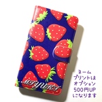 ストロベリー いちご 可愛い フルーツ柄 プリント ネイビーブルー No.18 スマホカバー スマホ ほぼ 全機種対応 カメラ穴あり 手帳型ケース