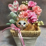 茶トラ猫ちゃんとピンク系カーネーションのアレンジ L