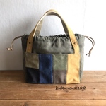 5つポケット巾着トートバッグ♡ヴィンテージ 帆布♡パッチワーク♡カーキ色