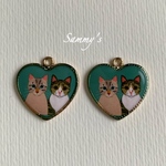 シャム&キジ白×ターコイズ デザイン ハート エナメルチャーム 2個set