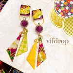 友禅和紙【黄・黄緑・紫 和柄】さんかく&檸檬和柄タイルの和風ピアス イヤリング