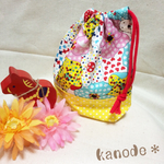 《送料無料》しろくまカラフル花柄×黄色水玉 コップ袋 巾着 