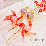 友禅和紙【赤桃ナデシコ花柄】風車&とんぼ玉の和風ピアス イヤリング