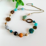 ＊ウッドパーツとターコイズ＊ロングネックレス 