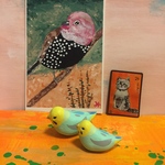 [中小２羽セキセイインコ＜クルモデル＞]9歳の絵から生まれた鳥ちゃんペア＋鳥ポストカード＋ねこマグネット