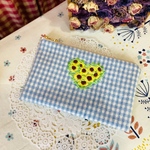 マスク入れ刺繍ポーチ（ブルーチェック・ひまわり）＊送料無料＊