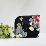 Ｌ字ファスナーミニ財布 黒猫と牡丹 紺
