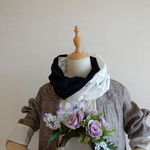 刺繍×ダブルガーゼ　スヌード　一巻き　オフホワイト×濃紺