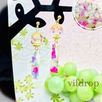 5. 【水色アジサイ】にごり白色花柄トンボ玉&友禅和紙の風鈴ピアス