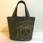 chiro89・パグ刺繍トート・ミニバッグ・トートバッグ・2個ポケット・帆布・オリーブカーキ・模様柄・SSサイズ
