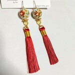 【再販】花柄　フラワー　レッド　タッセル　ピアス/イヤリング　ゴールド