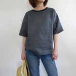 リブ付リネンサイドスリットＴシャツ<グレー>