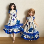 【1/6ドール用】花柄フリルワンピース（ブルー）
