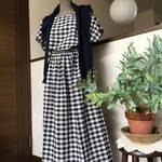 春夏【サイズオーダー】定番　ネイビー　ハーフリネン 　ギンガムチェック　セットアップ　夏に涼しい　ブラウス＆スカート