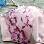 大人用ダブルガーゼマスク布（ピンク×パープル花レース）