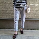 【S~3L】『細見え♥』やわらかコットン・テーパードパンツ(ライトグレー）