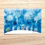 🎆透明水彩画「花火が上がる青い街」イラストポストカード２枚セット 暑中見舞いはがき 暑中はがき 残暑見舞い　父の日　母の日🎆
