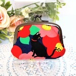 ミニがま口👛 黒猫と椿  小銭入れ
