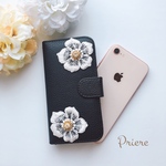  ＊立体白花手帳型iPhoneケース＊ブラック(6/6s/7/8)＊送料無料