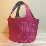 chiro89・パグ刺繍トート・ハンドトート・ハンドバッグ・6個ポケット・帆布・コーラルピンク・パグ柄・Sサイズ