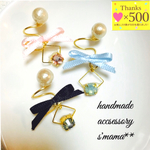 再販2【❤️500感謝❤️】リボン＊スワロフスキー＊コットンパールのイヤーカフ