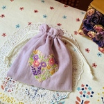 ガーゼハート型刺繍巾着ポーチ（パープル･癒しの花畑０２）**送料無料**