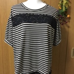 ブラックとベージュのストレッチニットボーダーレースプルオーバー