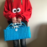 ヨコに長い四角のかごバッグ♪ターコイズブルー☆巾着袋付き。yaoko841様のオーダー作品です。