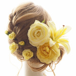 ヘッドドレス・髪飾り　黄色・イエロー・百合・薔薇・ラナンキュラス　結婚式・ウエディング・ブライダル　和装・カラードレス