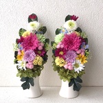 お供え・仏花：高さ22cmプリザーブドフラワーピンク菊黄色白色紫仏花 一対 お供えお悔み  