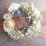 シェルリース(24.5cm)＊海辺の青い花と夏帽子＊涼しげサマーリース・ブルーリース・ナチュラルリース