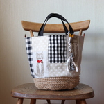 meo...様専用*お絵かき風ネコ＊麻ひもカゴバッグ＊ギンガムチェック*水玉* パッチワーク　Ｍ