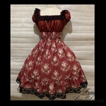 1点物*クラシカルローズ シャーリングワンピース★薔薇ブーケ/エンジ×ブラック×黒レース(即納品)