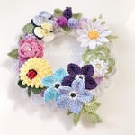 【一点限り】ボタニカルフラワー飾りリース③／お花畑シュシュ＊レース編み