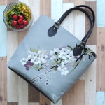 再販☆フランスリネン『Merisie』水色グレー 桜 大きめバッグ