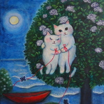 ★kris-1123さま専用★原画 「宇宙で１番素敵なキミと」 F6号＃オーダーメイド絵画 ＃ねこ ＃猫の絵 ＃猫のカップル ＃白猫 ＃オッドアイ ＃アート