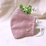 《カモミール》ピンク 夏用 ワンポイント刺繍綿麻マスク