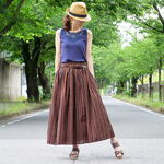 レトロなカラーストライプ柄＊ふんわりギャザーデザイン＊ロングスカート