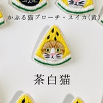 かぶる猫ブローチ[夏・スイカ(黄)ver.](茶白猫)